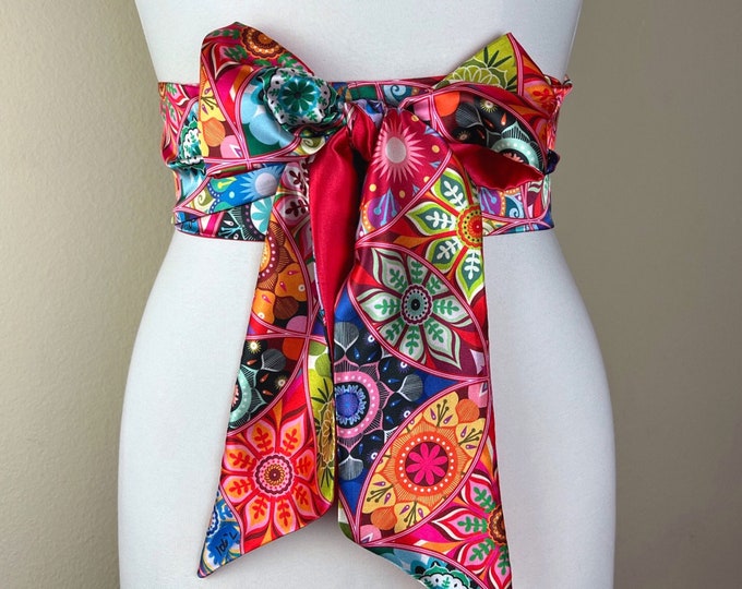 Kaleidoscope Print Sash, Mandala Print Sash Belt, Boho Accessories, Multi Color Sash, Mixed Print Reversible Satin Wrap Belt, Satin Swank