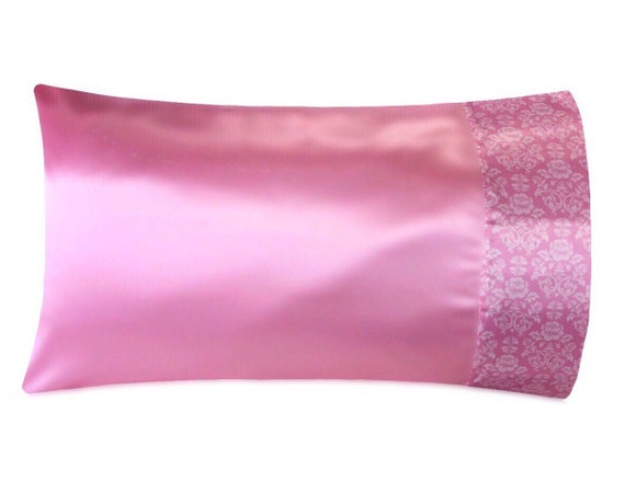 Cotton Candy Pink & Rose Damask Satin Pillowcase, Satin Pillow Case, Pink Floral Bedding, Pink Rose, Standard, Queen or King, Satin Swank