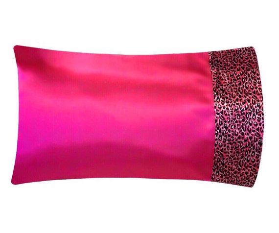 Hot Pink Satin Pillowcase With Pink Leopard Trim, Hot Pink Satin Pillow Case, Pink Leopard Bedding, Standard, Queen or King, Satin Swank