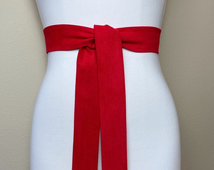 Narrow Ultra Suede Sash in True Red, Suede Cloth Sash Belt, Red Microsuede Sash, Suede Accessories Christmas Red Ultrasuede Belt Satin Swank