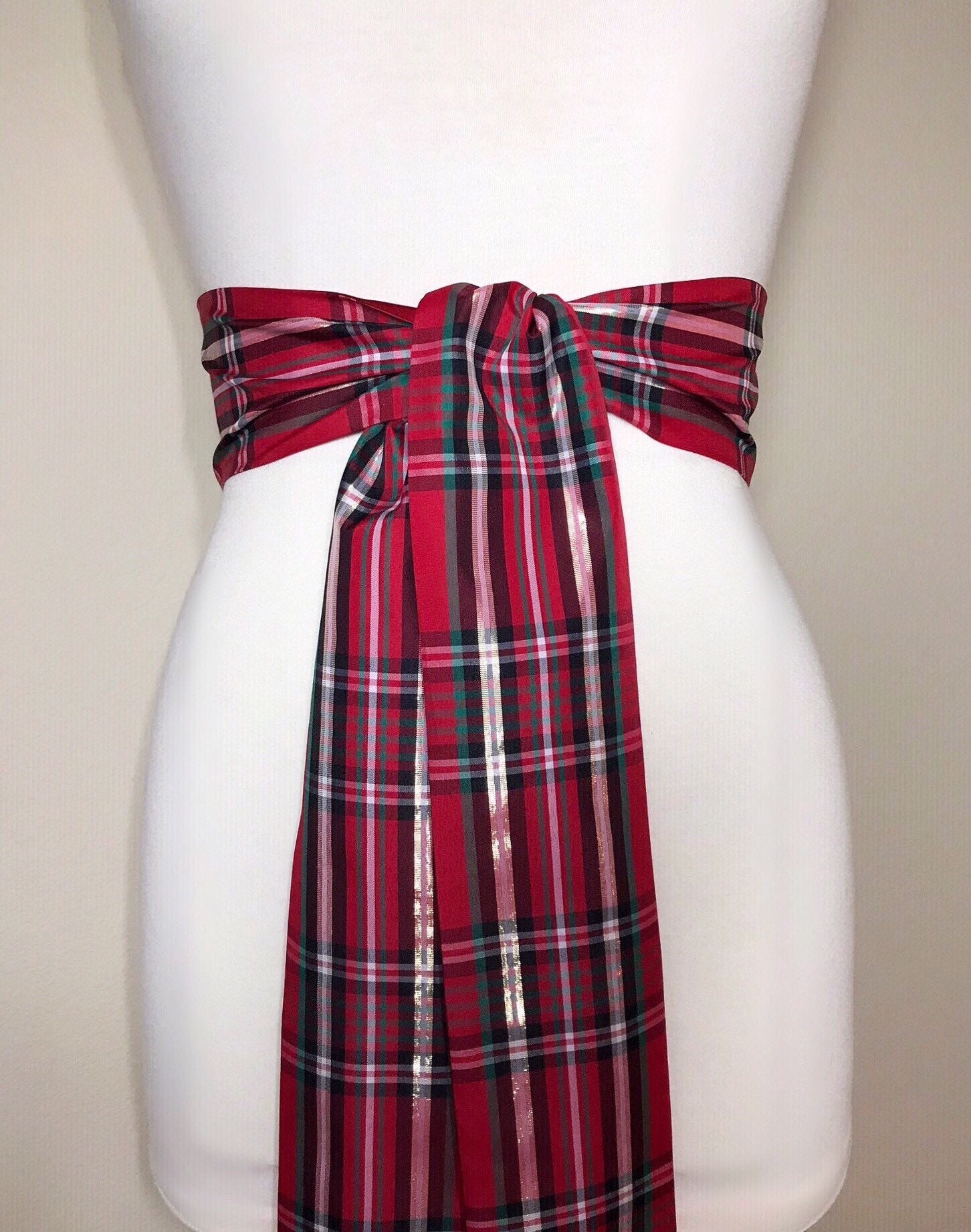 Christmas Plaid Taffeta Sash, Red, Green & Gold Tartan Sash, Christmas