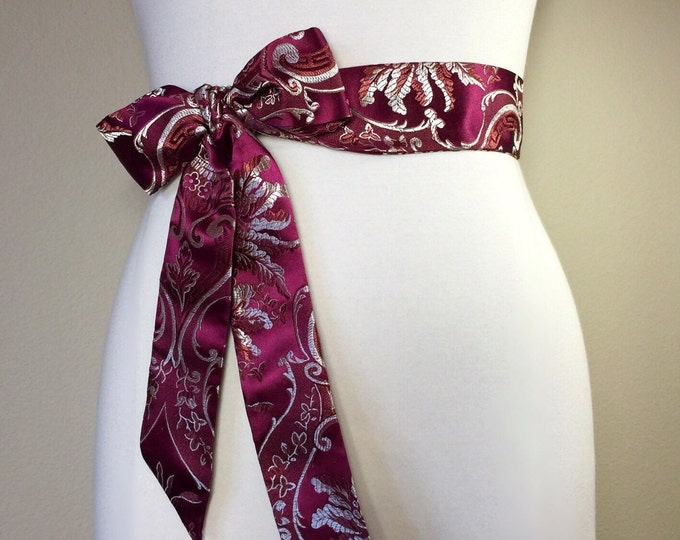 Plum Wine Brocade Sash, Burgundy Sash in Chinese Brocade, Plum Satin Sash Belt, Waist Sash in Asian Brocade, Obi Sash Belt, Satin Swank