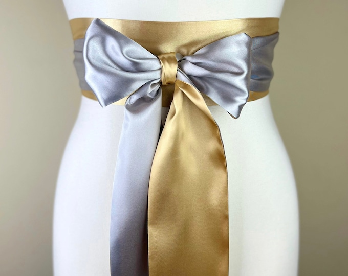 Gold & Silver Sash, Satin Sash, Silver and Gold Sash Belt, Silver Satin Sash, Gold Satin Sash, Silver Gold Wedding Dress Sash, Satin Swank