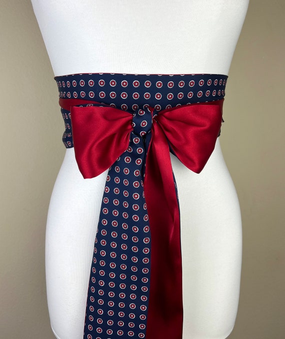 Navy Sash, Navy & Red Sash, Medallion Print Reverses to Crimson Red Satin Sash Men's Tie Print Accessory, Red and Navy Tie Belt, Satin Swank