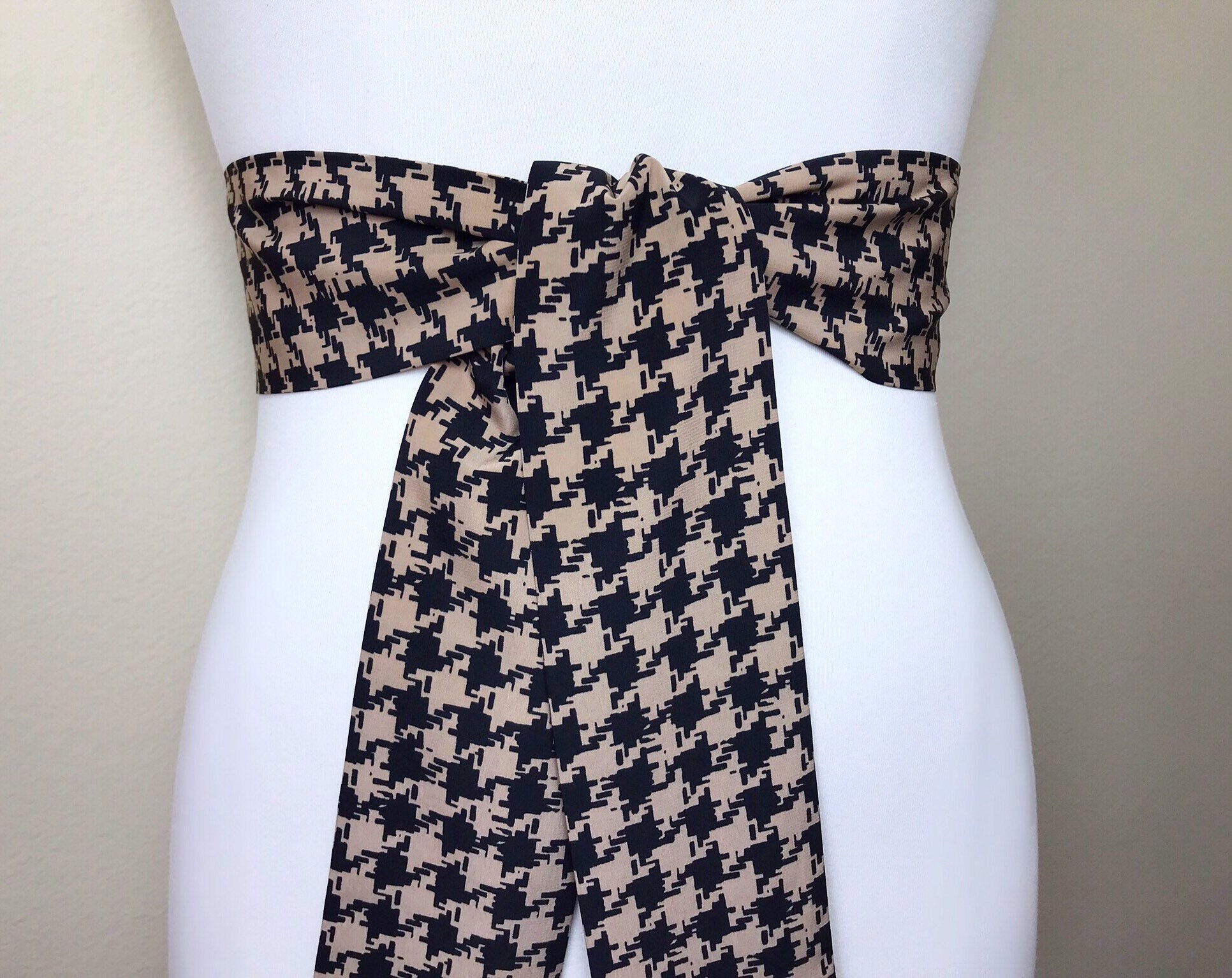 Black & Brown Houndstooth Sash Belt, Brown and Black Sash, Houndstooth Check Sash, Black Brown Dress Sash, Dogstooth Check Belt, Satin Swank