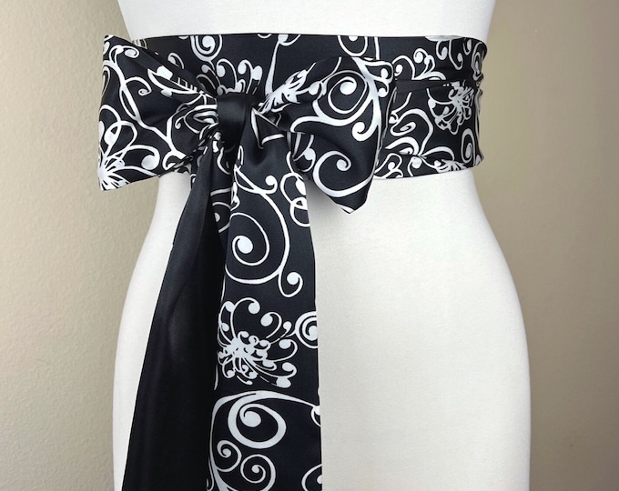 Black & White Sash Belt, Printed White and Black Satin Sash, Reverses to Solid Black Sash, Satin Obi Sash, Wrap Belt, Wedding, Satin Swank