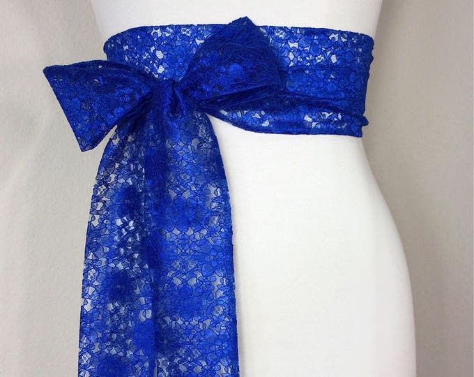 Royal Blue Lace Sash, Royal Lace Sash, Extra Long Wedding Dress Sash, Royal Blue Bridal Sash, Long Length Lace Wrap Belt, Satin Swank