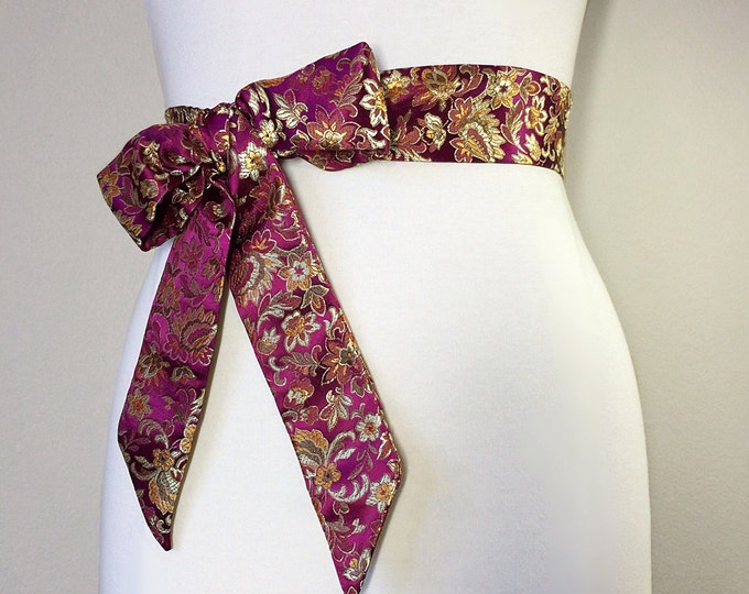 Asian Brocade Sash in Bright Plum & Gold, Floral Sash in Gold Satin Brocade, Plum Obi Belt, Kimono Sash, Chinese Brocade Sash, Satin Swank