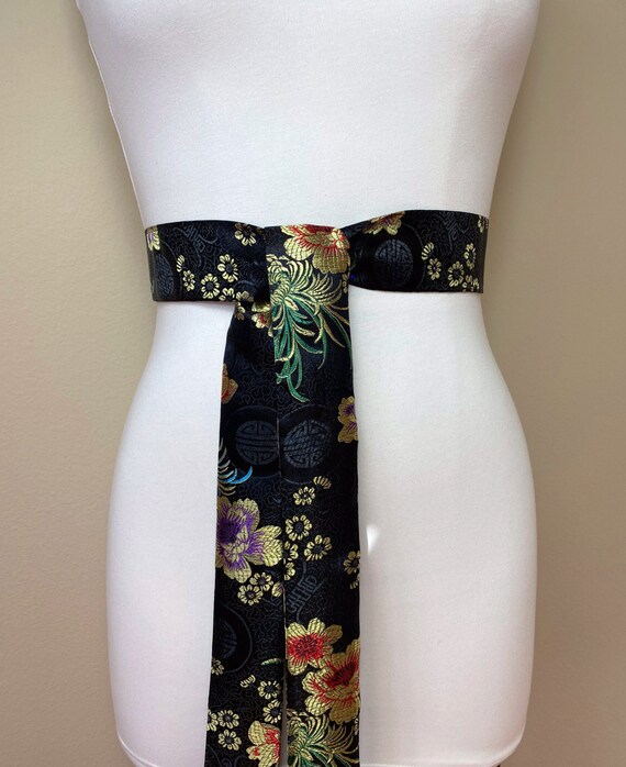 Narrow Black Chinese Brocade Sash, Black & Gold Brocade Sash