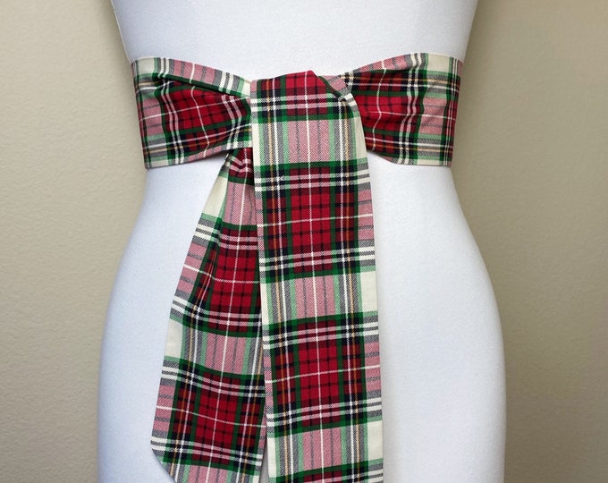 Large Print Stewart Dress Tartan Sash Belt, Wide Stewart Tartan Plaid Sash, Ivory & Red Plaid Sash, Scottish Tartan Accessories, Satin Swank