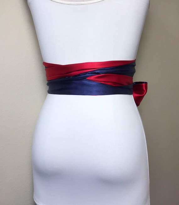 Navy Sash, Navy & Red Sash, Medallion Print Reverses to Crimson Red Satin Sash Men's Tie Print Accessory, Red and Navy Tie Belt, Satin Swank
