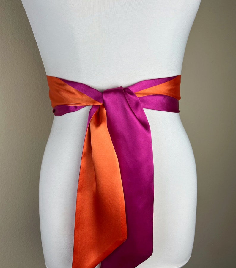 Color Block Pink & Orange Satin Sash, Wide Orange Pink Sash Belt, Pink Satin Sash, Color Block Dress Sash, Orange Satin Sash, Satin Swank image 8