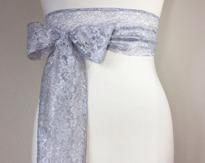 Silver Lace Sash, Silver Wedding Dress Sash, Extra Long Lace Sash, Lace Silver Sash, Light Gray Wedding Sash, Gray Lace Sash, Satin Swank