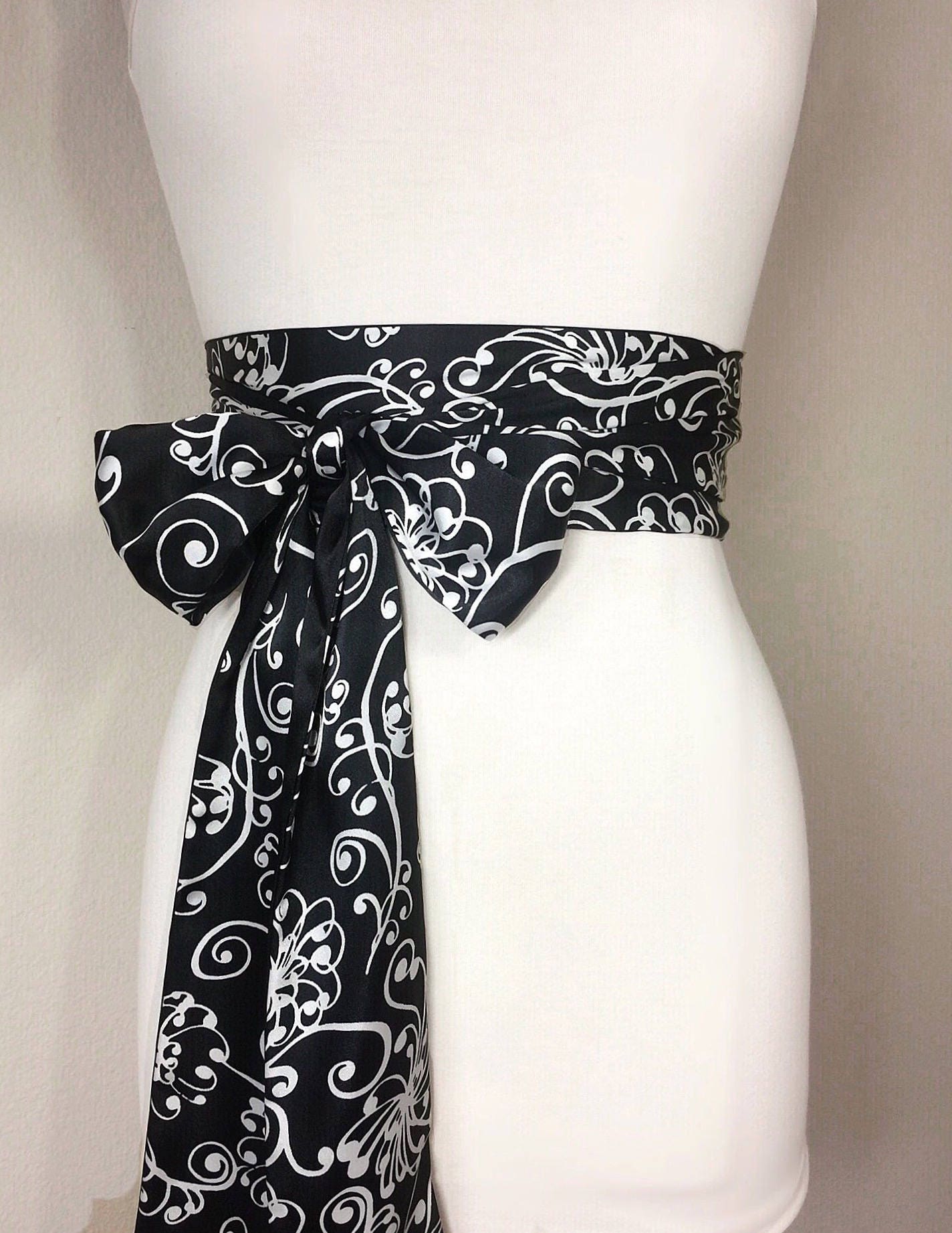 Black & White Sash Belt, Printed White and Black Satin Sash, Reverses