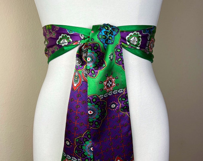 Moroccan Print Sash in Purple & Green, Bohemian Sash Belt, Marrakesh Print Sash Belt, Green Purple Print Sash, Boho Accessories, Satin Swank