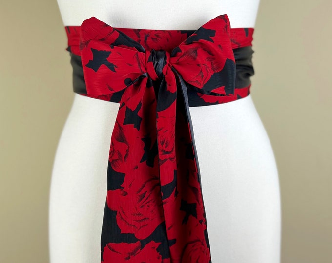 Red Rose Sash, Red & Black Sash Belt, Reverses to Solid Black Sash, Reversible Sash, Black and Red Sash, Red Rose Floral Sash, Satin Swank