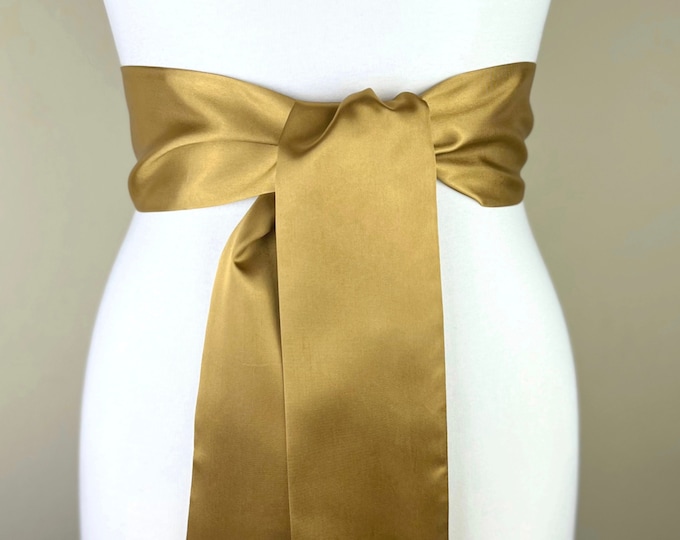 Wide Antique Gold Satin Sash, Dark Gold Sash Belt, Gold Wrap Belt, Deep Gold Wedding Sash, Bridal Sash, Gold Satin Bow Belt, Satin Swank