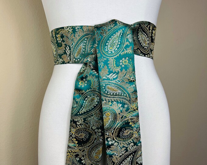 Wide Emerald Green & Gold Chinese Brocade Sash, Green and Gold Satin Brocade, Emerald Green Obi Belt, Asian Brocade, Kimono Belt Satin Swank