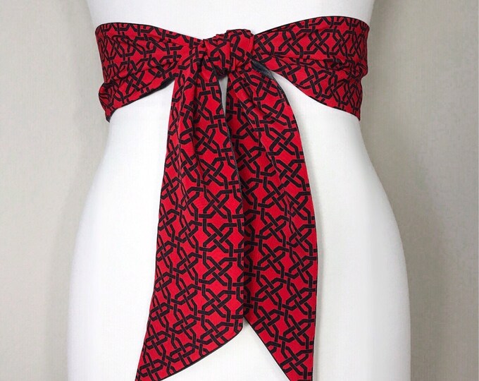 Wide Red & Black Sash, Black and Red Print Sash, Geometric Print Sash, Wide Black and Red Sash Belt, Red Black Reversible Sash, Satin Swank