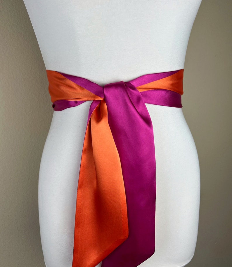 Color Block Pink & Orange Satin Sash, Wide Orange Pink Sash Belt, Pink Satin Sash, Color Block Dress Sash, Orange Satin Sash, Satin Swank image 1