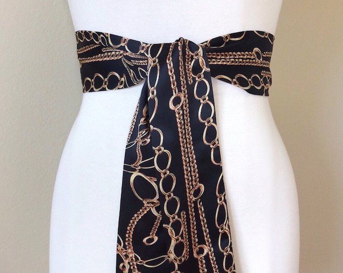 Wide Black & Gold Chain Sash Belt, Black and Gold Sash, Gold Chain Link Belt, Chain Link Sash, Black and Gold Dress Sash, Satin Swank