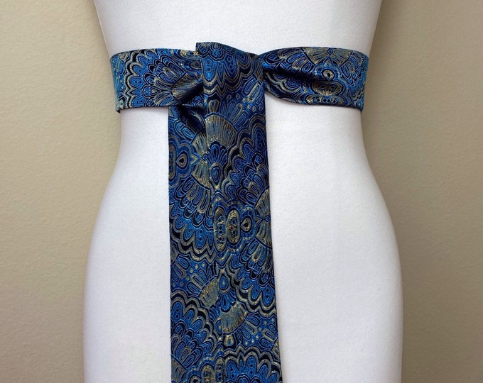 Narrow Sapphire Blue & Gold Chinese Brocade Sash, Gold and Blue Brocade Sash Belt, Obi Belt, Kimono Sash Belt, Asian Brocade, Satin Swank