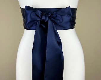 Navy Blue Sash, Navy Satin Sash, Extra Long Navy Sash, Waistband Wrap, Obi Wrap Belt, Bow Belt, Bridesmaid Wedding Bridal Sash, Satin Swank