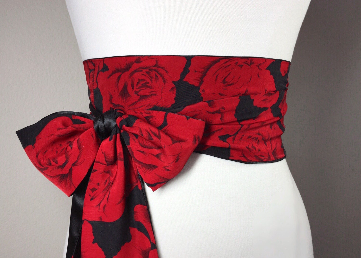Red Rose Sash, Red & Black Sash Belt, Reverses to Solid Black Sash,  Reversible Sash, Black and Red Sash, Red Rose Floral Sash, Satin Swank