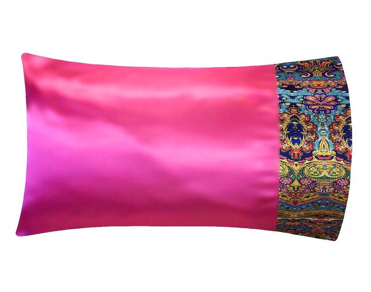 Hot Pink Satin Pillowcase With Boho Trim Hot Pink Satin Pillow Case Pink Bohemian Bedding Standard Queen Or King Size Satin Swank