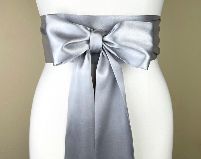 Bright Silver Sash, Silver Satin Sash, Silver Obi Wrap Belt, Long Silver Sash Belt, Wedding Accessories, Silver Wedding Sash, Satin Swank