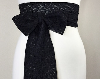 Black Lace Sash, Extra Long Lace Sash, Black Wedding Dress Sash, Lace Bridal Belt, Black Lace Belt, Long Length Lace Wrap Belt, Satin Swank