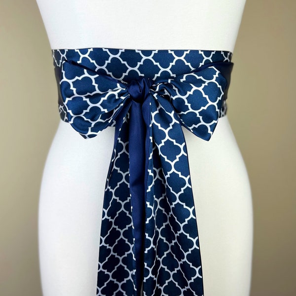 Navy Satin Sash, Navy Quatrefoil Sash, Navy Sash, Navy & White Reversible Wrap Belt, Navy Lattice Print Obi Belt, Satin Swank Accessories