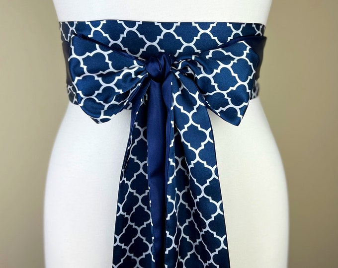 Navy Satin Sash, Navy Quatrefoil Sash, Navy Sash, Navy & White Reversible Wrap Belt, Navy Lattice Print Obi Belt, Satin Swank Accessories