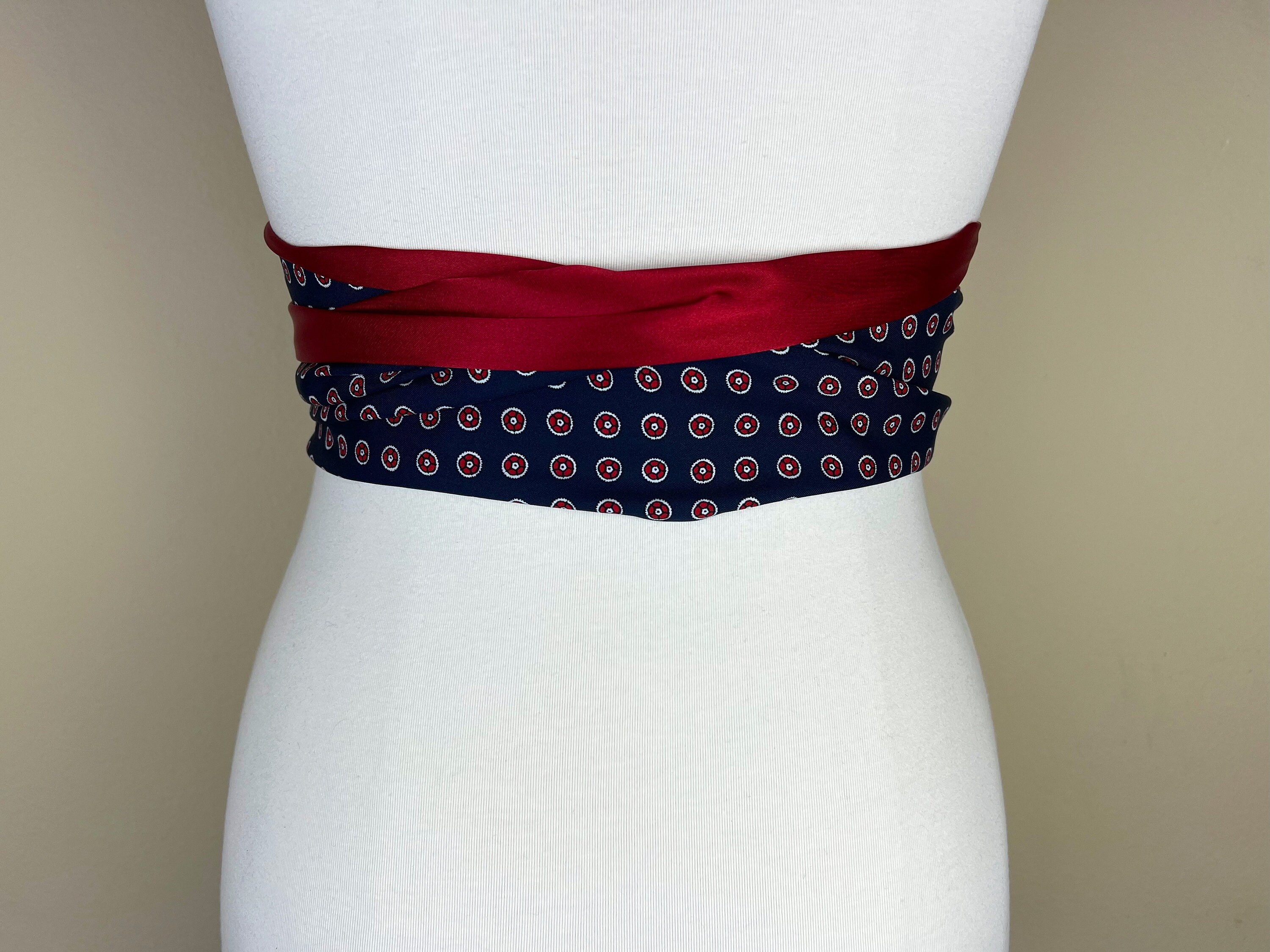 Navy Sash, Navy & Red Sash, Medallion Print Reverses to Crimson Red Satin Sash Men's Tie Print Accessory, Red and Navy Tie Belt, Satin Swank