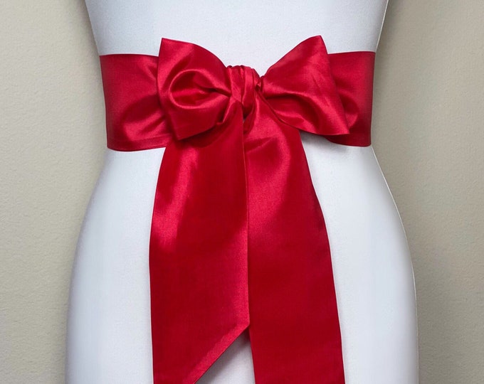 Crisp Taffeta Sash in Bright Red (MORE COLORS AVAILABLE), Taffeta Bow Belt, Formal Dress Sash, Christmas Sash, Holiday Sash, Satin Swank