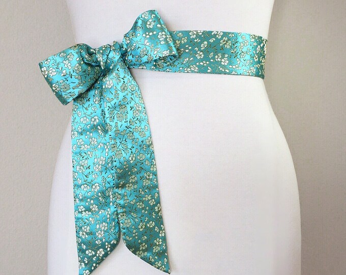 Aqua Floral Sash in Asian Brocade, Floral Sash in Aqua & Gold, Chinese Brocade Belt, Aqua Obi Belt, Gold Floral Kimono Sash, Satin Swank