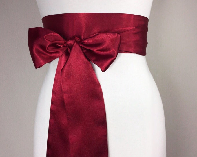 Cranberry Red Sash, Deep Red Satin Sash, Reversible Double Waist Wrap Belt, Dark Red Obi Sash Belt, Bridal Sash Wedding Sash, Satin Swank