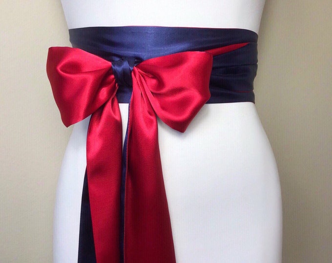 Navy & Red Sash, Red and Navy Sash Belt, Red Satin Sash, Navy Satin Sash, Navy Red Wedding, Patriotic Dress, Patriotic Wedding, Satin Swank