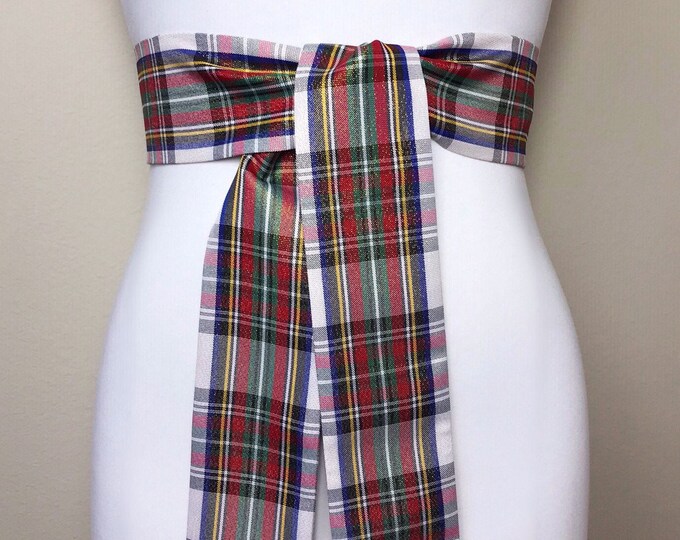 White Christmas Plaid Sash, Holiday Tartan Sash, Christmas Tartan Sash, Christmas Dress, Holiday Plaid Sash, Christmas Sash, Satin Swank