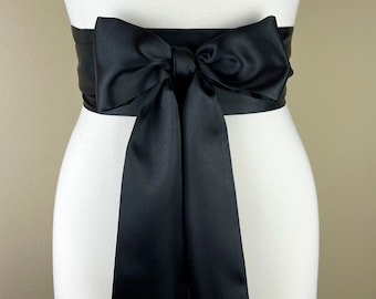 Solid Black Sash, Black Satin Sash, Reversible Double Waist Wrap Belt, Scarf Belt, Obi Sash, Bow Belt, Bridesmaid Wedding Sash, Satin Swank