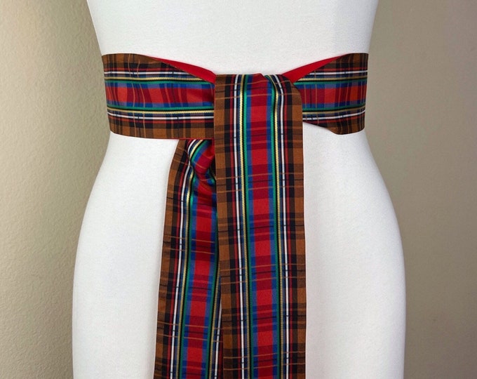 Brown Plaid Taffeta Sash, Brown Tartan Belt, Reversible Holiday Plaid Sash Belt, Tartan Plaid Accessories, Brown Plaid Sash, Satin Swank