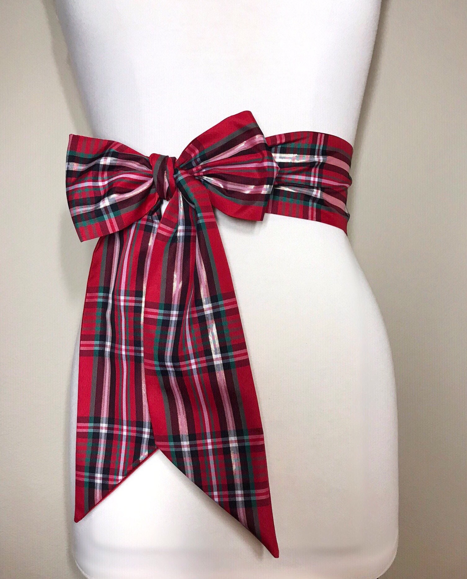 Christmas Plaid Taffeta Sash, Red, Green & Gold Tartan Sash, Christmas