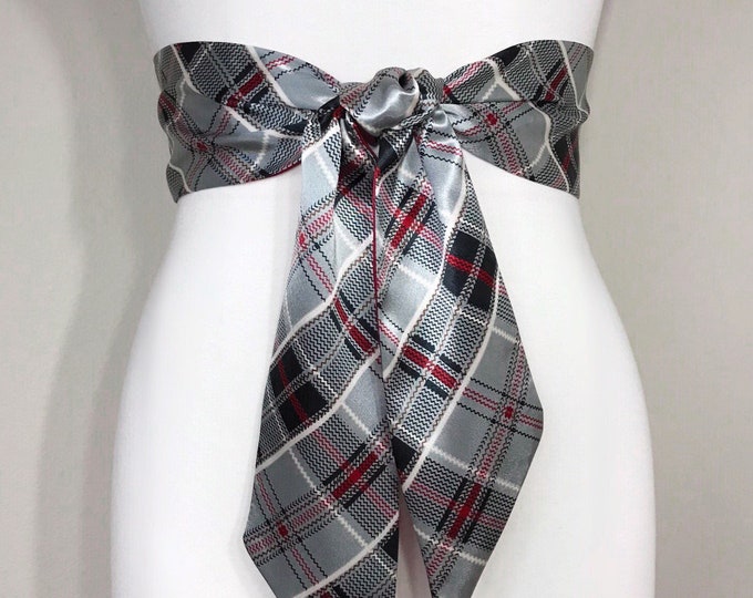 Wide Silver Plaid Sash, Silver Tartan Sash Belt, Silver Black & Crimson Plaid Sash, Silver Plaid Satin Sash Gray Tartan Sash, Satin Swank