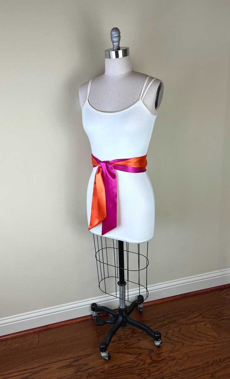 Color Block Pink & Orange Satin Sash, Wide Orange Pink Sash Belt, Pink Satin Sash, Color Block Dress Sash, Orange Satin Sash, Satin Swank image 5