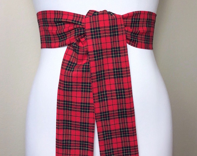 Wide Red & Black Plaid Sash, Black and Red Tartan Sash Belt, Red Black Tartan Sash, Tartan Accessories, Red Plaid Sash, Satin Swank