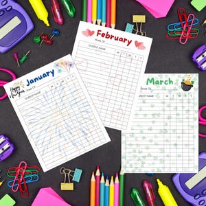 Może przedstawiać: Trzy strony planera dla uczniów na styczeń, luty i marzec. Strona styczniowa ma wzór fajerwerków i tekst "Happy New Year". Strona lutowa ma serca, a strona marcowa koniczyny i garnek złota.