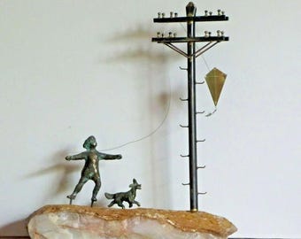 Curtis Jere Mid Century Modern Art Sculpture Signed Bronze Boy Flying Kite with Dog Telephone Pole 1968