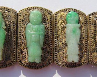 Jade Bracelet Chinese Antique Carved Jadeite Panels Jewelry Silver Gold 8 Immortals