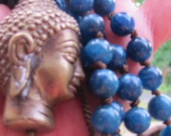 Necklace Beaded Buddha Head Mala Beaded Blue Long Vintage Jewelry