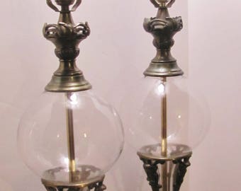 Lamp(s) Pair Vintage Brass Clear Glass Globe  Hollywood MCM Hollywood Regency Unusual